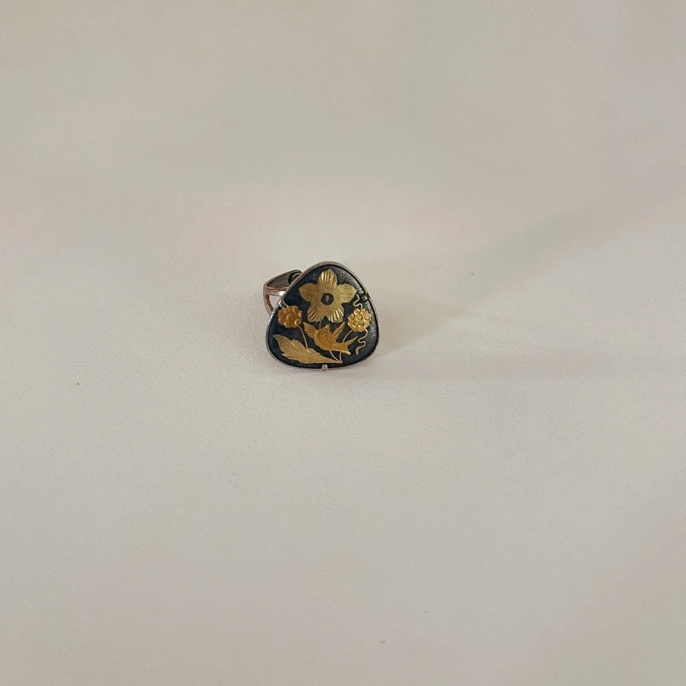 Vintage Damascene Style Whimsigoth Adjustable Ring Gold Tone Flower Sparrow
